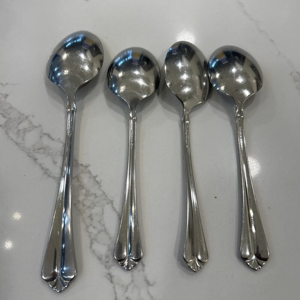 Vtg 4PC ONEIDA JUILLIARD Glossy Stainless CUBE 1 Serving Spoon 3 Dinner Spoons - Picture 6 of 8